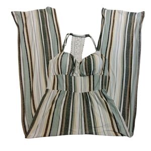 EUC Derek Heart Green Tan Super Soft Striped Halter Jumpsuit With Lace Medium